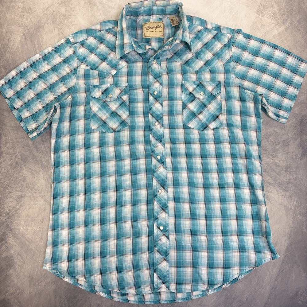 Wrangler Western Shirt Mens L Teal Plaid Cotton Blend Pearl Snap Short Sleeve